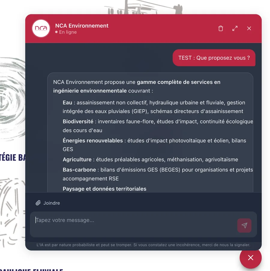 Exemple de chatbot IA en entreprise : Ocade RAG Chatbot répond à la question « Que proposez-vous ? » en listant les services du site à partir de ses contenus